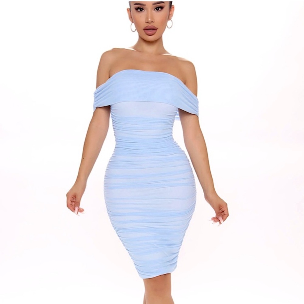 Fashion Nova off the shoulder blue ruched midi dress